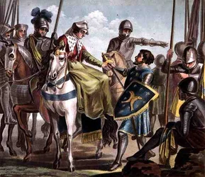 Jeanne de Navarre (1271-1304) Zabiera hrabiego Bar Prisoner, grawerowane przez Jean Baptiste Morret (fl. 1790-1820) 1788 (kolorowa rycina)