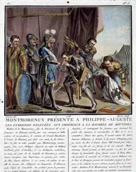 Montmorency przedstawiony Philipowi Augustusowi (1165-1223) Po bitwie pod buvine, rycina Jean Baptiste Morret (fl. 1790-1820)