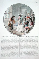 Wicehrabia Turenne (1611-75) jest przedstawiony królowi Hiszpanii Filipowi IV (1605-65), rytowane przez L. Rogera