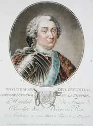 Woldemar de Lowendal (1700-55) 1787, z „Portrety wielkich mężczyzn, znamienitych kobiet i pamiętnych poddanych Francji”, ryty przez Rogera, opublikowany 1787-92 (kolor lito)