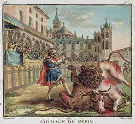 Odwaga Pepina (714-68), ryt. Jean Baptiste Morret (fl. 1790-1820) 1789 (grawerowanie kolorowe)