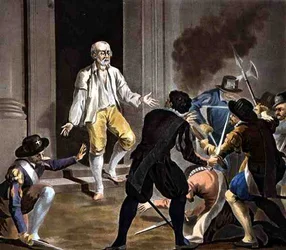 Śmierć Gasparda de Coligny, ryt. Jean Baptiste Morret (fl.1790-1820) 1788 (ryc. kolorowy)