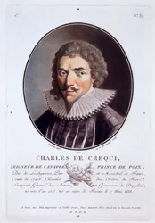 Charles de Crequi, z Portrety wielkich mężczyzn, znamienitych kobiet i pamiętnych poddanych Francji, ryty i drukowany w kolorze, wyd. Pierre Blin, 1786-92, Paryż (kolorowe grawerowanie)