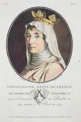 Fredegonde, królowa Franków, z Portretów wielkich ludzi, wybitnych kobiet i pamiętnych poddanych Francji, grawerowane i drukowane w kolorze, wydane przez Pierre Blin, 1786-92, Paryż (kolor e
