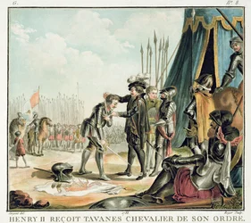 Henri II (1519-59) przyjmuje Jean de Tavanes jako rycerza do swojego zakonu, ryty przez Rogera, 1788