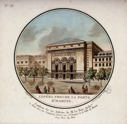 Opera zbudowana według rysunków architekta Le Noir w pobliżu Porte Saint Martin w Paryżu dziś teatr Porte Saint Martin. W pritoresque widokach głównych budynków Paryża autorstwa sierżanta