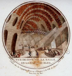 Widok wnętrza nowej hali targowej wybudowanej przez Le Camus de Mézières w latach 1763-1766, dziś giełda w Paryżu. W pritoresque widokach głównych budynków Paryża autorstwa sierżanta