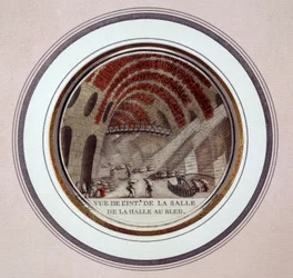 Widok wnętrza nowej hali targowej wybudowanej przez Le Camus de Mézières w latach 1763-1766, dziś giełda w Paryżu. W pritoresque widokach głównych budynków Paryża autorstwa sierżanta