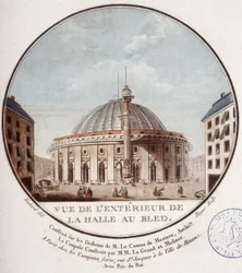 Widok z zewnątrz na targ pszenicy, Paryż zbudowany przez Le Camus de Mézières w latach 1763-1766, dziś giełda w Paryżu. W pritoresque widokach głównych budynków Paryża autorstwa sierżanta