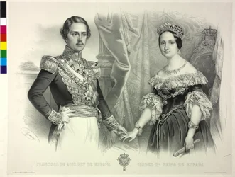 Królowa Hiszpanii i jej mąż Franciszek Izabela II (litografia)