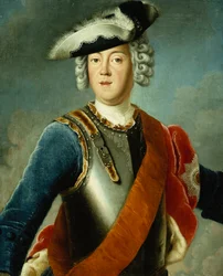Portret dżentelmena, podobno August William, do połowy długości, ubrany w niebieską marynarkę, białą koszulę i napierśnik ze zbroją