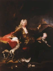 Portret margrabiego Paolo Corbelli, pełnometrażowy, siedzący na brzegu na skraju lasu, 1709