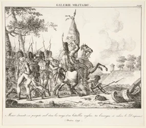Menier (Hussar) sam rzuca się w szeregi angielskiego batalionu, zabija chorążego i zdobywa flagę (Druten, 1795)