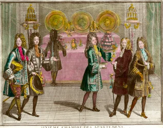 Bufet to przekąski w szóstej sypialni mieszkań rodziny Ludwika XIV (1638-1715) wieczorami Mieszkanie w Wersalu ok. 1696 Grawerowanie Antoine Trouvaina (1656-1708) ok. 1696 r. Prywatna kolekcja