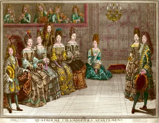 Taniec w czwartej sypialni apartamentów rodziny Ludwika XIV (1638-1715) wieczorami w mieszkaniu w Wersalu około 1696 roku: książę Chartres tańczy menuet z Mademoiselle w obecności księżnej Maine, księcia B