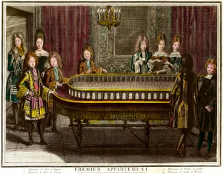 Filip francuski, książę Anjou, ówczesny król Hiszpanii (1683-1746), Karol, książę Berry (1686-1714) i książę Walii grający portyk w pierwszym mieszkaniu Ludwika XIV w Wersalu - Grawer Antoine Trouvain (1656) -1708) Kolekcja prywatna - Cha