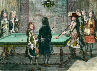 Królewska rozrywka w Wersalu, król Ludwik XIV (1638-1715) grający w bilard z Filipem Duc d