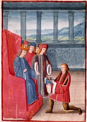 Autor przedstawia swoją książkę królowi Francji Karolowi VIII (1470-1498). Miniatura z „Kronik Francji”, zilustrowanych przez Antoine