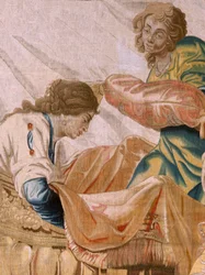 Flamandzki gobelin. Seria Historia Tezeusza. Bachus bierze Ariadnę za żonę (Baco toma a Ariadna por esposa). Dziewiąty gobelin w serii. Model Antonisa Sallaerta. Manufaktura Jan Raes Młodszy, Bruksela. ok. 1630 r.; Tkanina Jedwab i wełna. Rozmiar 392 x 45