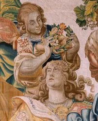 Flamandzki gobelin. Seria Historia Tezeusza. Bachus bierze Ariadnę za żonę (Baco toma a Ariadna por esposa). Dziewiąty gobelin w serii. Model Antonisa Sallaerta. Manufaktura Jan Raes Młodszy, Bruksela. ok. 1630 r.; Tkanina Jedwab i wełna. Rozmiar 392 x 45