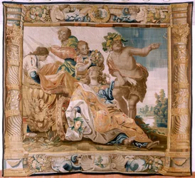 Flamandzki gobelin. Seria Historia Tezeusza. Bachus bierze Ariadnę za żonę (Baco toma a Ariadna por esposa). Dziewiąty gobelin w serii. Model Antonisa Sallaerta. Manufaktura Jan Raes Młodszy, Bruksela. ok. 1630 r.; Tkanina Jedwab i wełna. Rozmiar 392 x 45