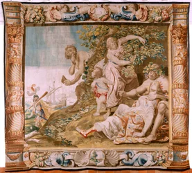 Flamandzki gobelin. Seria Historia Tezeusza. Tezeusz porzuca Ariadnę na wyspie Naxos (Teseo bounda a Ariadna en la Isla de Naxos). Ósmy gobelin z serii. Model Antonisa Sallaerta. Manufaktura Jan Raes Młodszy, Bruksela. ok. 1630. Tkanina S