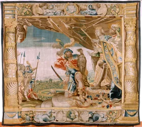 Flamandzki gobelin. Seria Historia Tezeusza. Tezeusz przedstawia głowę Minotaura królowi i królowej Krety (Teseo presenta a los Reyes de Creta la cabeza del Minotauro). Siódmy gobelin w serii. Model Antonisa Sallaerta. Produkcja Jan Raes