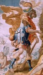 Flamandzki gobelin. Seria Historia Tezeusza. Tezeusz otrzymuje pierścień Minosa od Amfitryty (Teseo recibe de Anfítrite la sortija de Minos). Piąty gobelin z serii. Model Antonisa Sallaerta. Manufaktura Jan Raes Młodszy, Bruksela. ok. 1630. Tkanina Jedwab