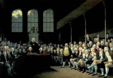 Charles James Fox (1749-1806) przemawiający w Izbie Gmin podczas ministerstwa Pitta