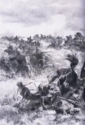 Klęska 14. Brygady Kawalerii Rosyjskiej pod Praszyszem, z Ilustrowanej Historii Wojny Światowej 1914-1915 wyd. przez Union Berlagsefellfchaft