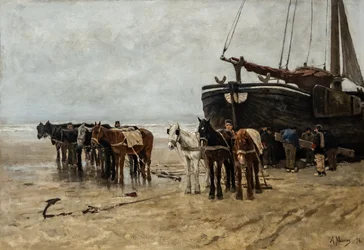 Holenderski: Bomschuit z końmi holowniczymi na plaży Scheveningen Łódź rybacka z końmi holowniczymi na plaży Scheveningen