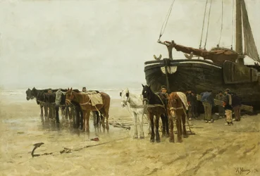 Holenderski: Bomschuit z końmi holowniczymi na plaży Scheveningen Łódź rybacka z końmi holowniczymi na plaży Scheveningen