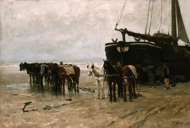 Holenderski: Bomschuit z końmi holowniczymi na plaży Scheveningen Łódź rybacka z końmi holowniczymi na plaży Scheveningen