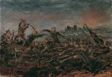 Taniec Śmierci na polu bitwy przed płonącymi ruinami