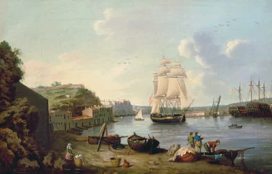 Statek pod żaglami w porcie w Port Mahon na Minorce