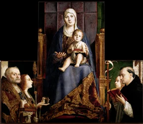 Ołtarz z San Cassiano: „Madonna z Dzieciątkiem otoczona przez świętych Mikołaja z Miry lub Bari (270-345), Marię Magdalenę, świętą Urszulę i świętą Dominikę”. Malowidło na drewnie Antonella da Messina (ok. 1430-1479), 1475-1476, Kunsthistorisches Museum w
