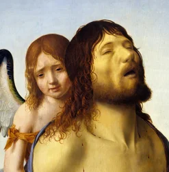 Fragment obrazu „Martwy Chrystus wspierany przez anioła” autorstwa Antonello da Messina (1430-1479) 1476-1479 Nd. 0,74x0,51 m Madryt, Muzeum Prado.