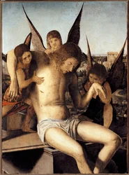 Pieta z trzema aniołami Zmarły chrystus podtrzymywany przez trzy anioły na grobie Obraz Antonello di Antonio dit Antonello da Messina (1430-1479) 1475 Dim 145* 85 cm Museo Correr w Wenecji
