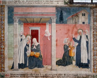 Życie św. Franciszka Romaine (santa Francesca romana) (1384-1440): „”święty zmartwychwstaje nieochrzczone dziecko, którego matka przypadkowo udusiła się we śnie””” Fresk Antoniazzo Romano (XV w.) 1468 Rzym, klasztor wspólnoty oblata d