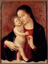 Dziewica z Dzieciątkiem Obraz na drewnie Antonio Aquili dit Antoniazzo Romano (aktywny ok. 1461-1508) niedz. 46x37 Genes, Galleria di Palazzo Bianco