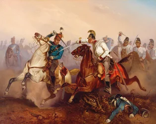 Walka pomiędzy cesarsko-austriackimi dragonami a węgierskimi husarzami honwedzkimi ….Węgry w 1849, 1854.
