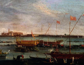 Bucentaur (galera państwowa dożów Wenecji) w Lido w Wenecji, olej na płótnie, Szkoła Canaletto, Włochy