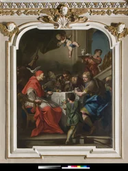 „”Święty Grzegorz Wielki przy stole z Jezusem w przebraniu w pelerin”” W pobliżu Papieża gołębica Ducha Świętego (Ducha Świętego) 1729-1731 (obraz)