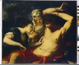 Św. Sebastian (męczennik z początku IV wieku), Św. Irena (z Rzymu, męczennica w 304) i Św. Łucja (z Syrakuz, męczennik ok. 303 lub 310) (Święci Sebastian, Irena i Łucja) - Obraz Antonio Balestry (1666-1740) ), olej na płótnie - sztuka włoska (Werona)