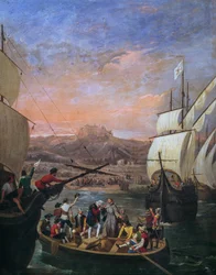 Wyjazd Krzysztofa Kolumba z Palos de la Frontera w 1492 r., obraz Antonio Cabral Bejarano (1798-1861), Szczegół