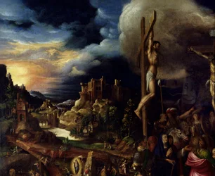 Chrystus na krzyżu Sceny męki: wstąpienie na Kalwarię (Droga Krzyżowa), ukrzyżowanie. Obraz Antonio Campiego (1526-1587) Ec. Włochy