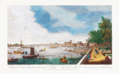 Widok z Somerset Gardens na Westminster Bridge, grawerowany przez Johna Millera, 1750