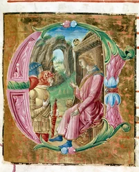 Heroda I Wielkiego (73-4 pne) zlecającego masakrę niewinnej Lettrine iluminowanej przez Antonio Cicognari. Szczegół antyfonarz. 1483. Cremone, chorał 4, capitolo del duomo