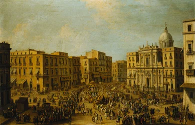 Largo San Ferdinando, Neapol, w czasie karnawału z karetą królewską zbliżającą się do Palazzo Reale,