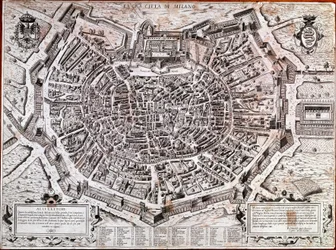 Plan Mediolanu zredagowany przez Antonio Lafreri (Lafrery lub Lanfrerius) (1512-1577) w 1573 roku. Jest to najstarsza mapa w mieście. Mediolan, Muzeum Mediolanu - Mapa Mediolanu. Najstarsza mapa miasta z 1573 roku, zredagowana przez Antonio Lafreri. Włochy